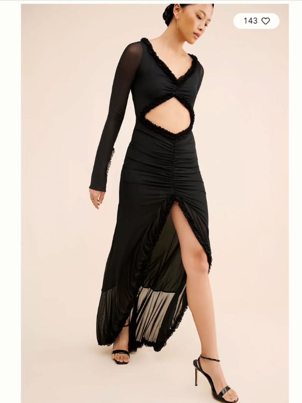 AFRM Cat Ruched Semisheer Long Sleeve Cutout High-Low Hem Maxi Dress | Size M